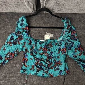 Free People Green/Blue Floral Blouse Size L NWT